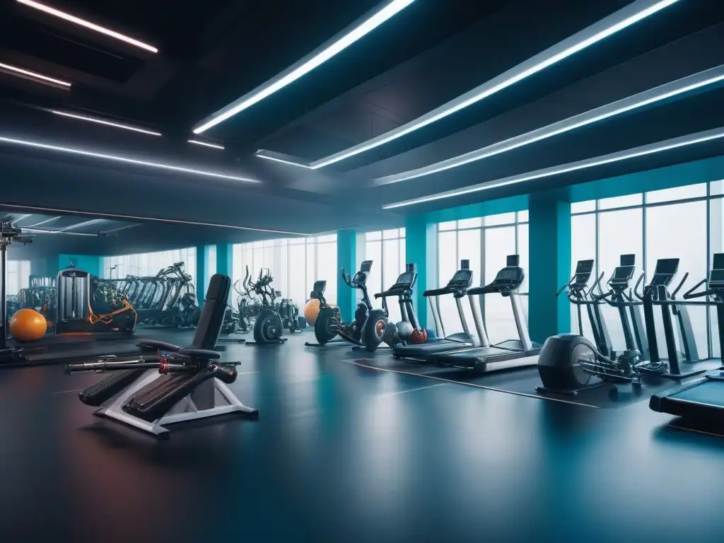 Gimnasio futurista: entrenamiento intenso y motivación Un gimnasio futurista y vibrante, repleto de equipos de vanguardia y colores energéticos