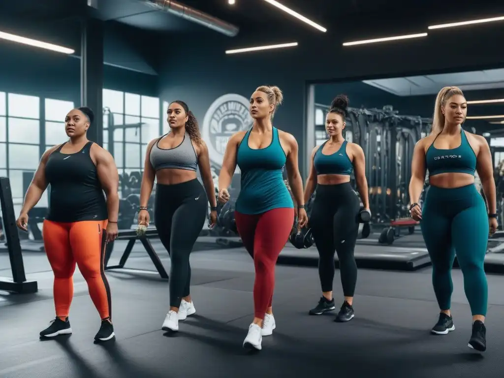 Empoderamiento y diversidad: Plussize en el gimnasio Un gimnasio inclusivo y motivador con personas de tallas grandes de diferentes etnias entrenando juntas en un ambiente moderno y acogedor