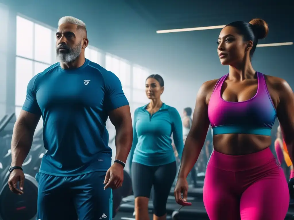 Fitness inclusivo: diversidad en acción en un gimnasio moderno Un gimnasio inclusivo para todas las tallas: Personas de todas las edades y tamaños practican juntas en un ambiente moderno y luminoso