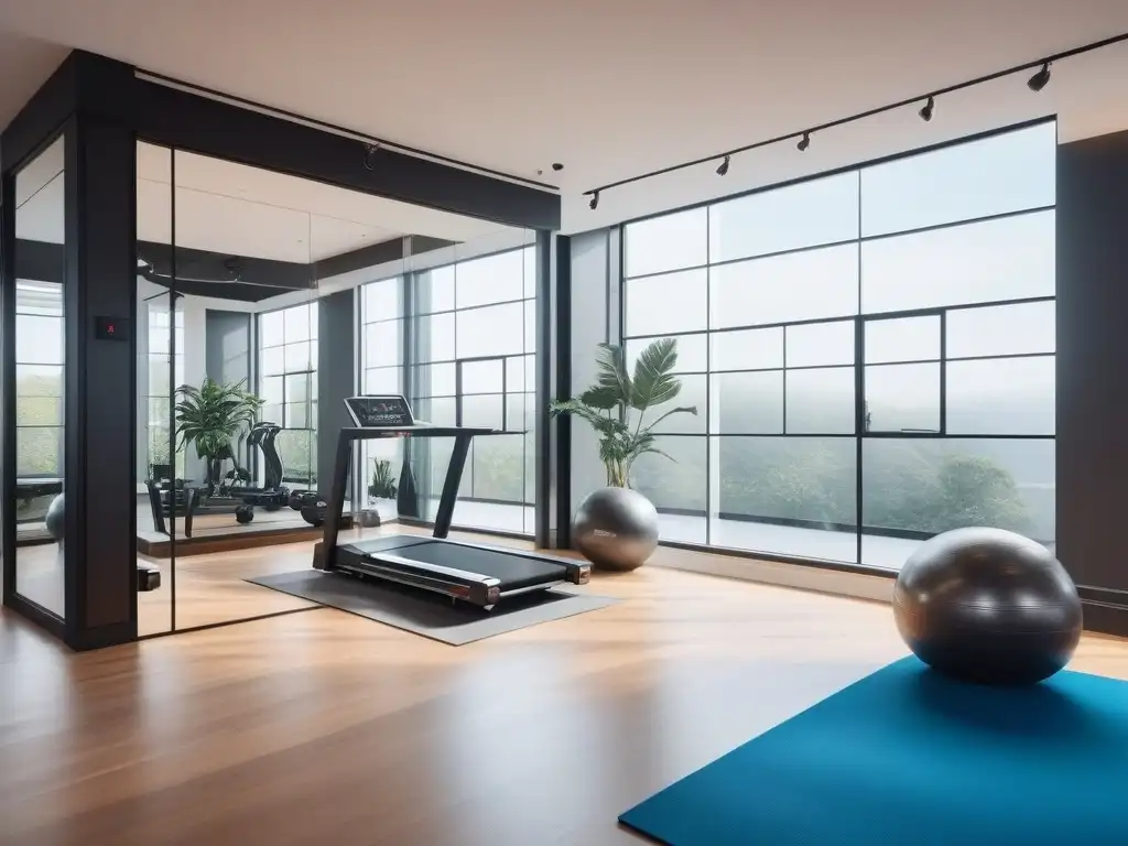 Gimnasio de lujo en loft elegante con equipamiento de alta gama Un gimnasio de lujo en un elegante loft con equipamiento fitness de alta gama en un espacio pequeño
