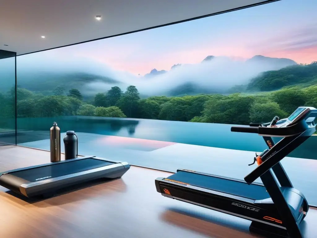 Gimnasio de lujo con equipamiento de alta gama y motivación Un gimnasio de lujo con equipamiento de alta gama, iluminación motivadora y vistas relajantes