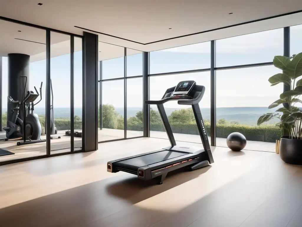 Fitness de lujo: gimnasio estilizado con equipamiento de alta gama Un gimnasio de lujo con equipamiento fitness de última generación, bañado en luz natural
