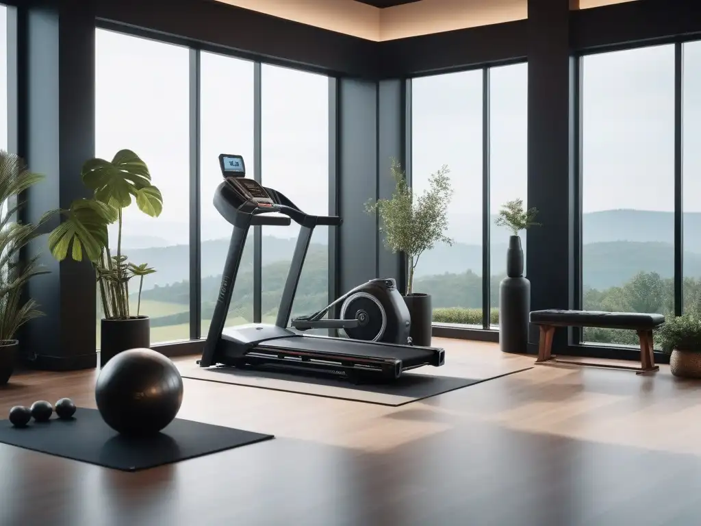 Hogar de lujo: gimnasio sofisticado y sereno con equipamiento de vanguardia Un gimnasio de lujo con equipamiento fitness en un entorno elegante, moderno y tranquilo