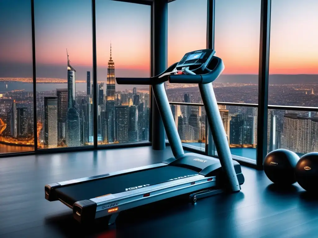 Fitness de lujo en penthouse nocturno Un gimnasio de lujo con equipamiento fitness en un penthouse con vista a la ciudad de noche