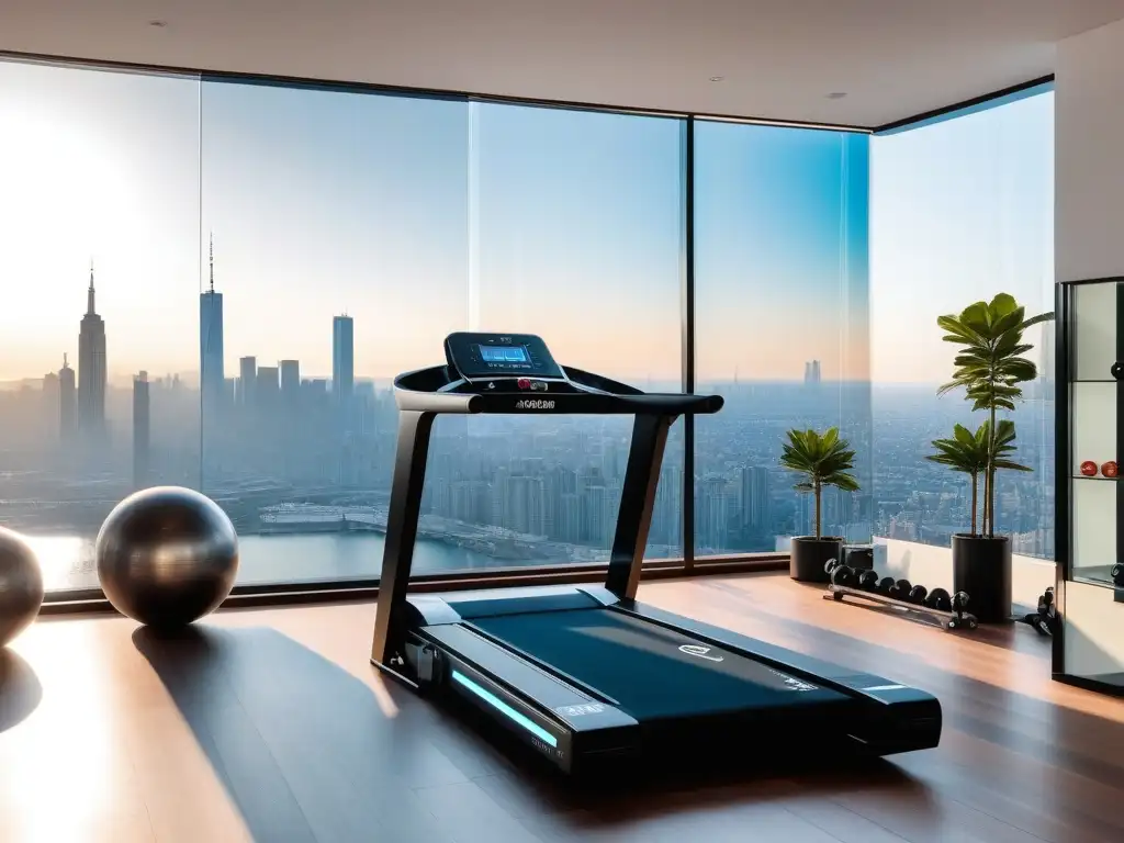 Gimnasio de lujo con vista a la ciudad al atardecer Un gimnasio de lujo con equipamiento fitness de última generación, inspirador y sofisticado, con vista a la ciudad al atardecer