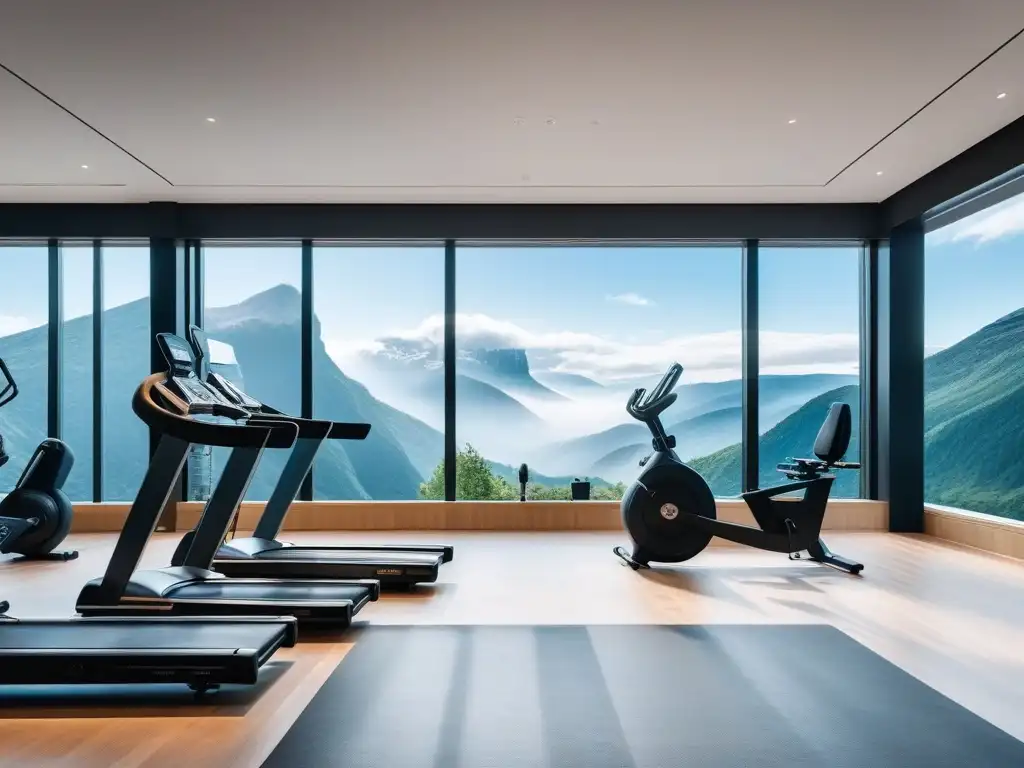 Exclusivo gimnasio en casa con vista a la montaña Un gimnasio de lujo con equipamiento fitness de lujo hecho a medida, iluminación ambiental y vistas a la montaña