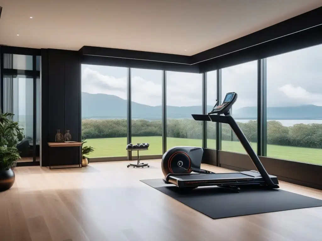 Espacio fitness de lujo con equipamiento de alta gama en casa Un gimnasio de lujo con equipamiento de fitness de lujo en un ambiente sofisticado y elegante, con vista a un jardín exuberante