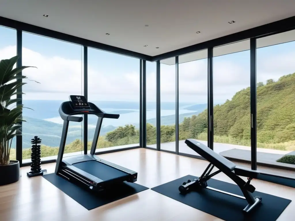 Gimnasio de lujo: equipo fitness de alta gama en ambiente elegante Un gimnasio de lujo con equipamiento top, iluminación suave y vista panorámica