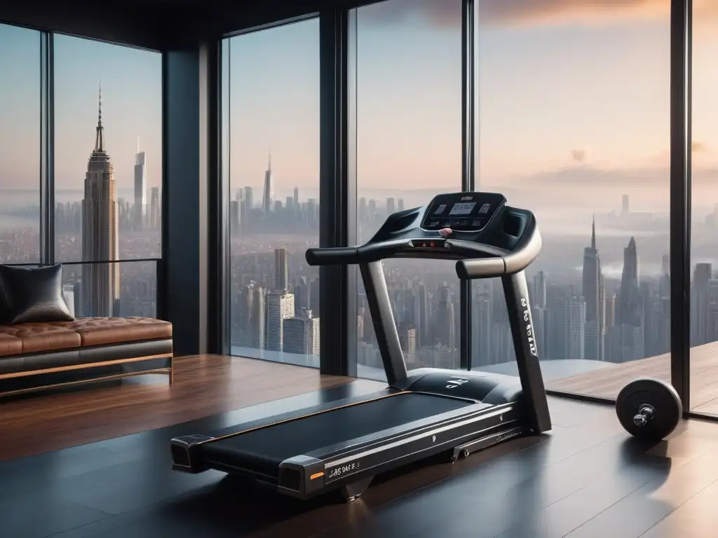 Gimnasio de lujo con equipamiento de alta gama y vista a la ciudad Un gimnasio de lujo con equipamiento ultramoderno, iluminación suave y vista a la ciudad