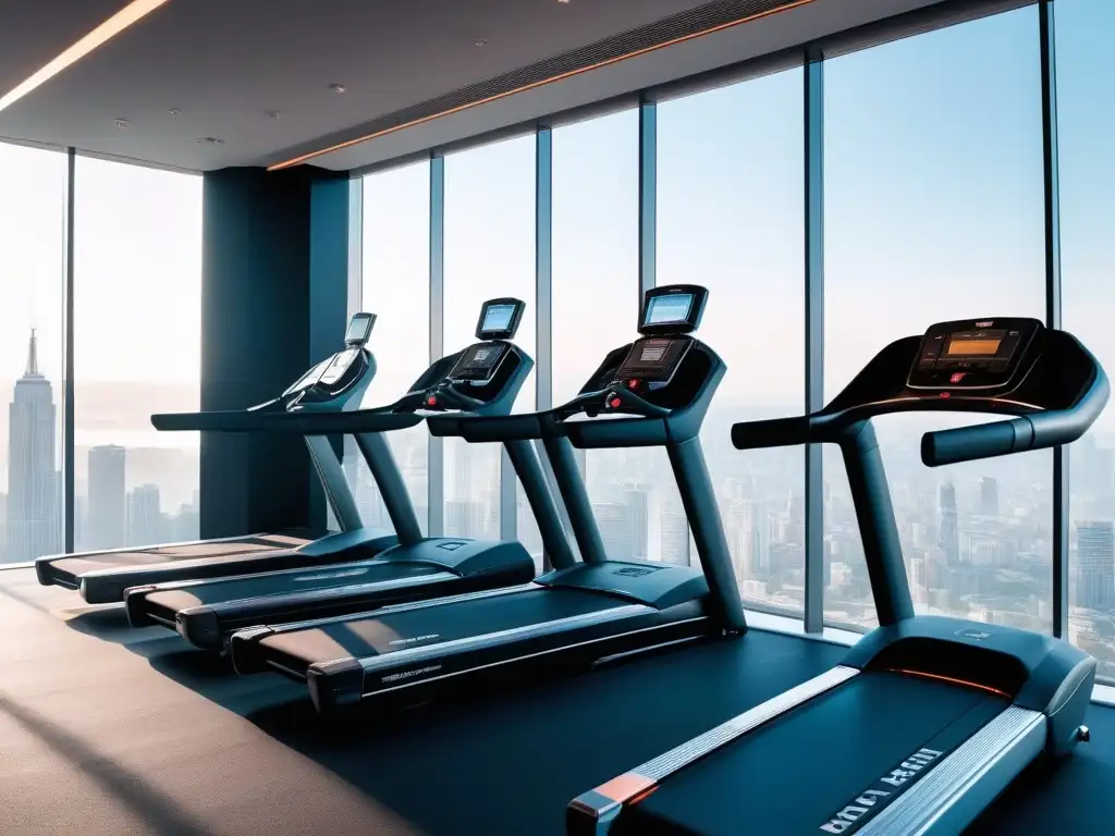Equipo de fitness de lujo en gimnasio moderno Un gimnasio de lujo con equipamiento de última generación y vistas panorámicas de la ciudad