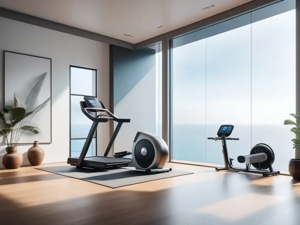 Gimnasio de lujo: Equipo fitness top en hogar moderno 8k Un gimnasio de lujo con equipos de fitness de lujo en un ambiente elegante y luminoso
