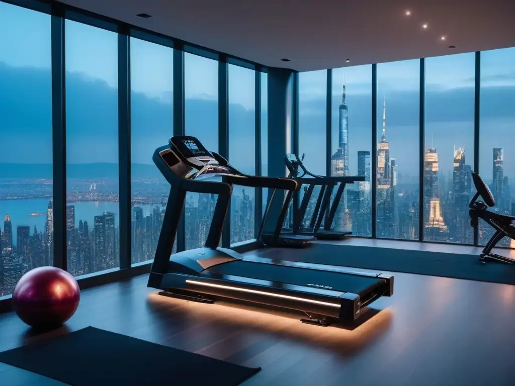 Gimnasio de lujo futurista con vista nocturna de la ciudad Un gimnasio de lujo futurista con equipamiento de fitness de lujo en una ciudad nocturna deslumbrante