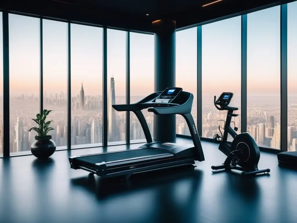 Gimnasio de lujo con vista panorámica en la ciudad Gimnasio de lujo hecho a medida con equipamiento fitness de última generación y vista panorámica de la ciudad
