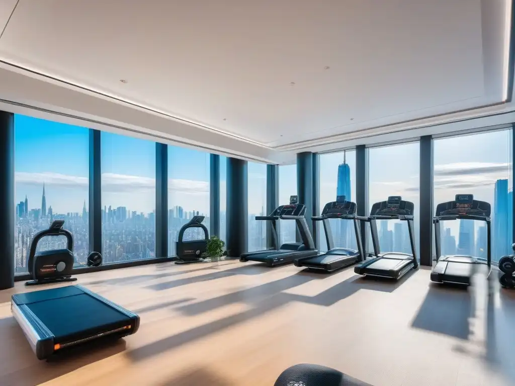 Centro fitness de lujo con equipamiento moderno y vistas panorámicas Un gimnasio de lujo y moderno con equipamiento de última generación, diseño elegante y vistas panorámicas de la ciudad