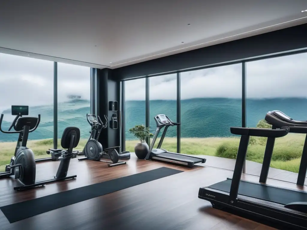 Gimnasio de lujo con vistas a la naturaleza: bienestar y motivación Un gimnasio de lujo moderno con ventanales panorámicos con vistas a un paisaje verde exuberante
