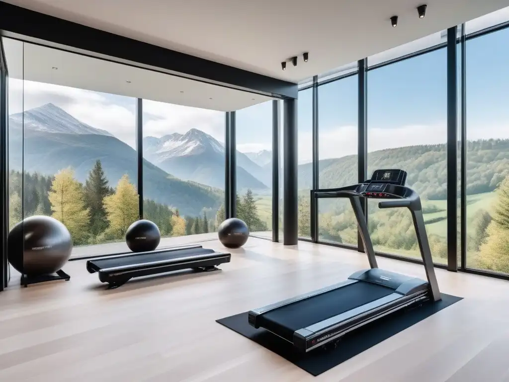 Gimnasio de lujo con vista a la montaña Un gimnasio de lujo con vista a la montaña, equipado con innovaciones en equipamiento fitness lujo