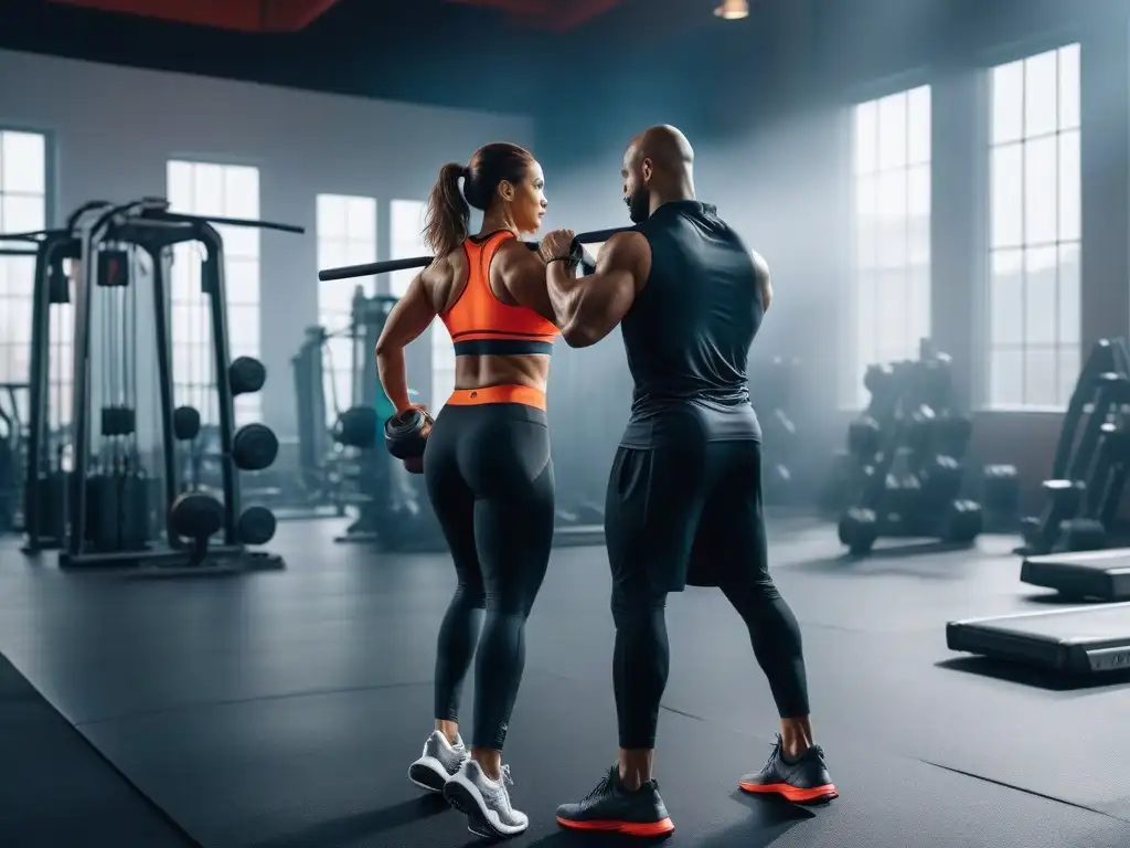Entrenamiento en grupo diverso en gimnasio luminoso y moderno Un gimnasio luminoso y espacioso donde personas de diversa condición física y cuerpos realizan ejercicios con determinación y enfoque