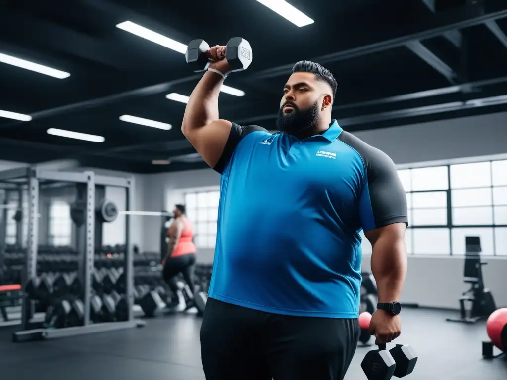 Entrenamiento inclusivo: Plussize motivados en gimnasio luminoso Un gimnasio luminoso y espacioso donde personas de talla grande entrenan juntas con determinación y apoyo mutuo