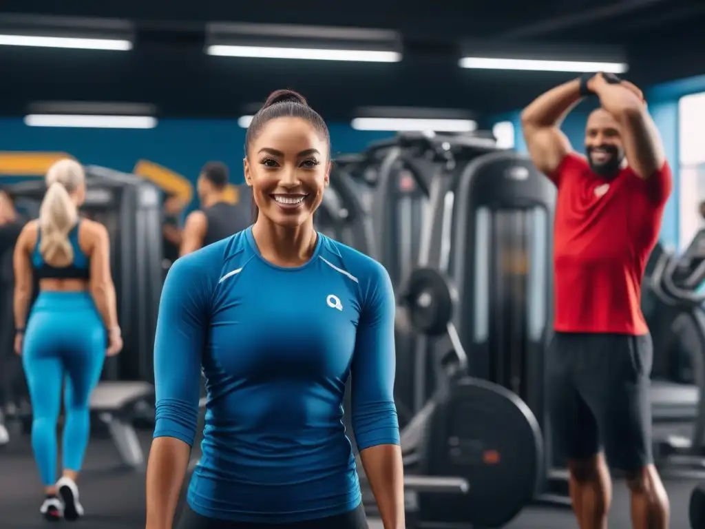 Un gimnasio luminoso y moderno lleno de personas diversas sonriendo y entrenando juntas, reflejando vitalidad y comunidad