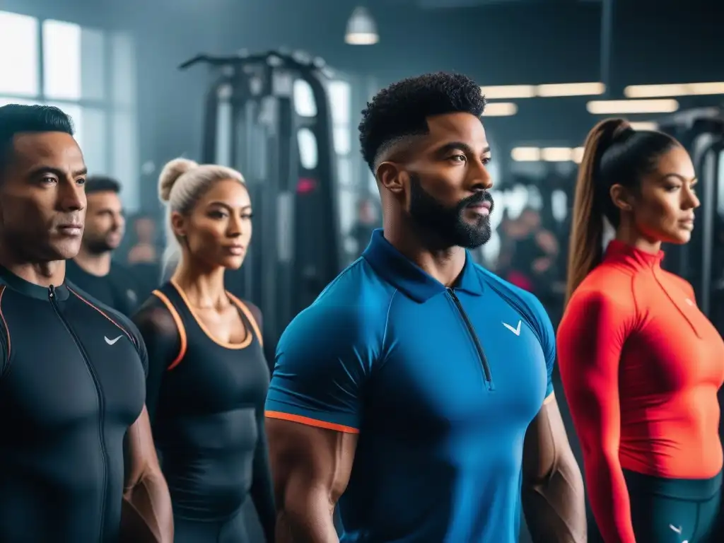 Empoderamiento fitness: diversidad y estilo en el gym Un gimnasio luminoso donde personas de diferentes cuerpos, edades y colores de piel usan activewear inclusivo para todos los cuerpos