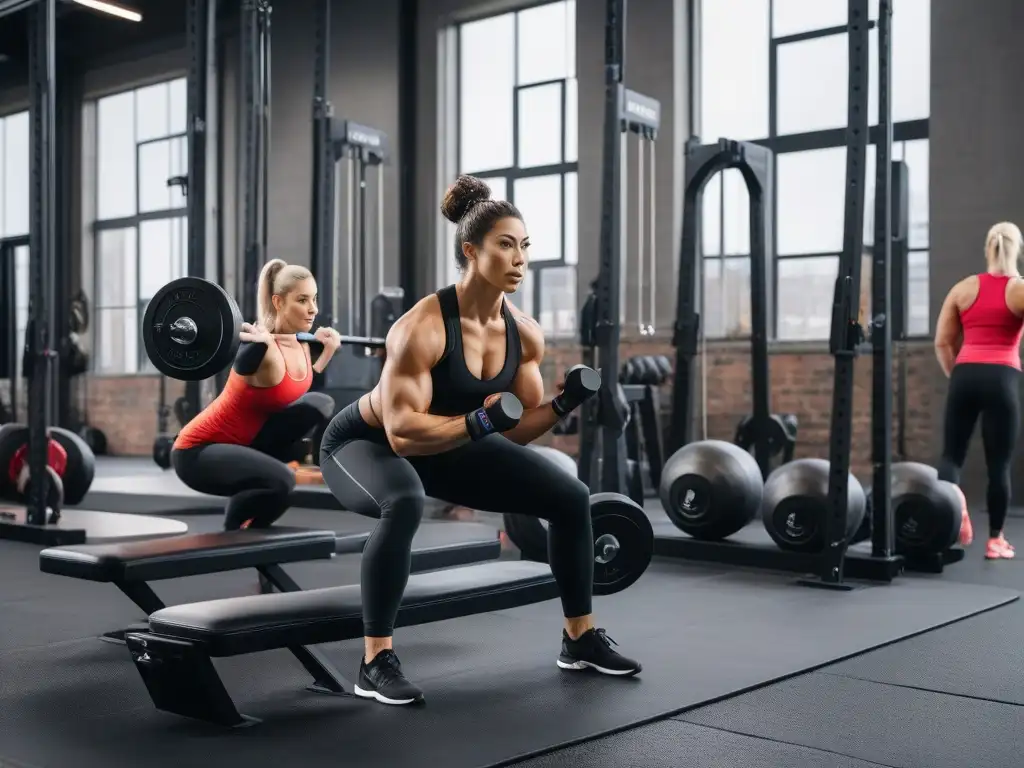 Entrenamiento inclusivo en moderno gimnasio de Crossfit Un gimnasio moderno de Crossfit con equipamiento diverso para todos, donde personas de distintas edades y razas entrenan juntas con entusiasmo