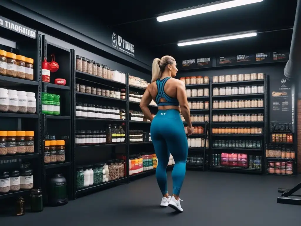 Diversidad activa: grupo variado en gimnasio moderno Un gimnasio moderno con diversidad de cuerpos en distintas actividades físicas rodeados de suplementos