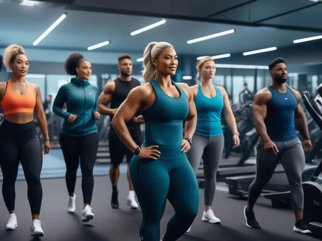 Grupo diverso ejercitándose en gimnasio moderno Un gimnasio moderno y diverso con personas de diferentes cuerpos y etnias disfrutando juntas del ejercicio