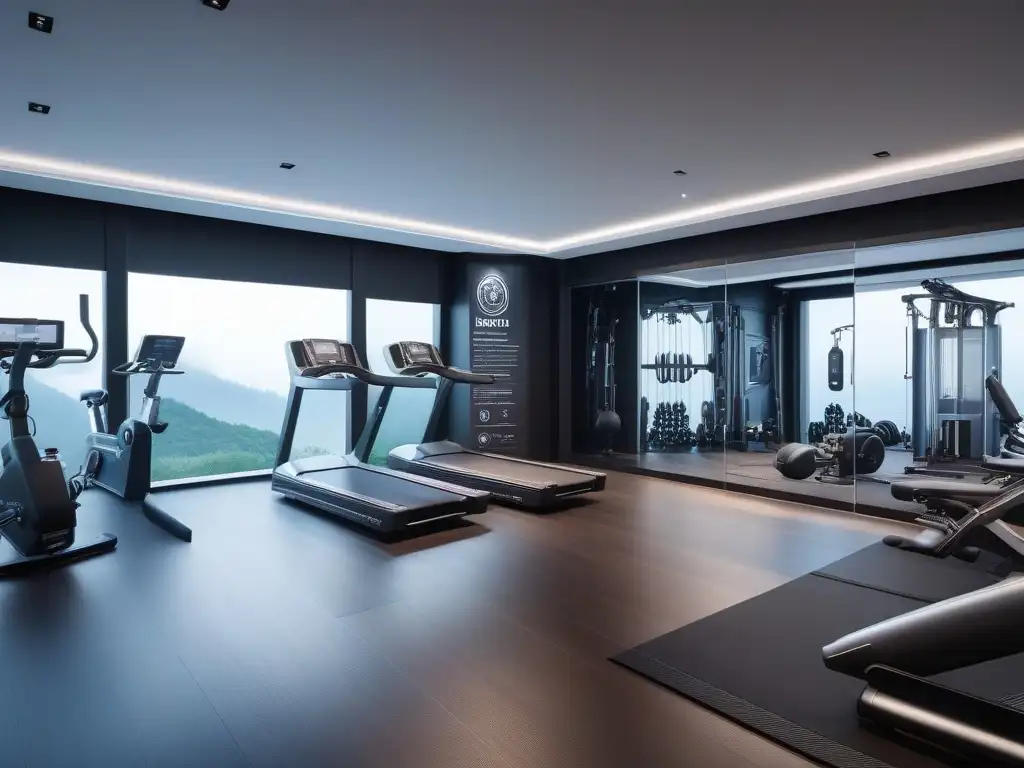 Gimnasio moderno y lujoso con equipamiento de última generación Un gimnasio moderno y elegante con equipamiento fitness de lujo bajo iluminación ambiental suave