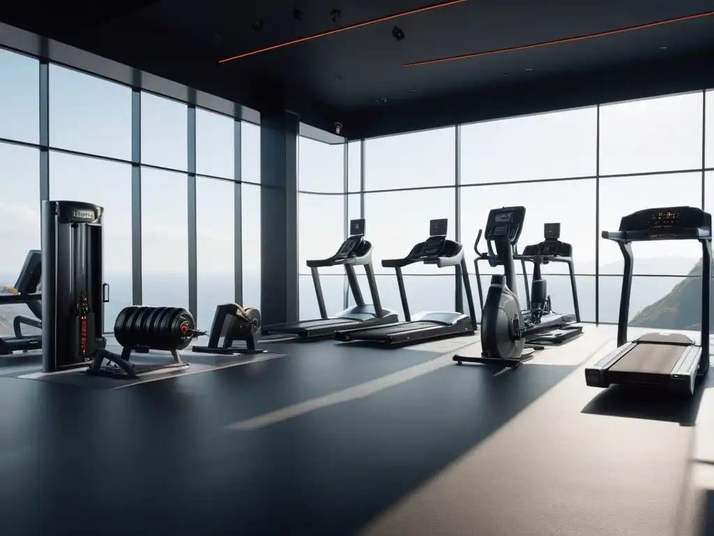 Moderno gimnasio de alto rendimiento con motivación y energía Un gimnasio moderno y elegante con equipamiento de última generación, iluminación suave y motivadoras citas en las paredes