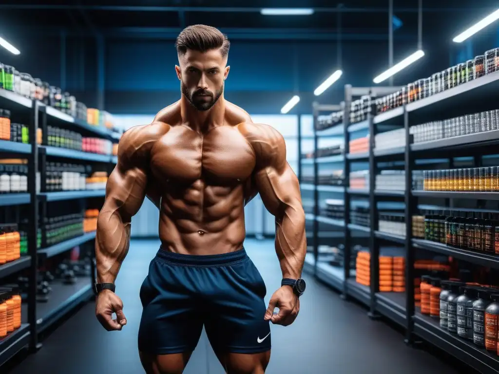 Gimnasio moderno con atleta en acción y suplementos Un gimnasio moderno con equipamiento de última generación y vibrante iluminación