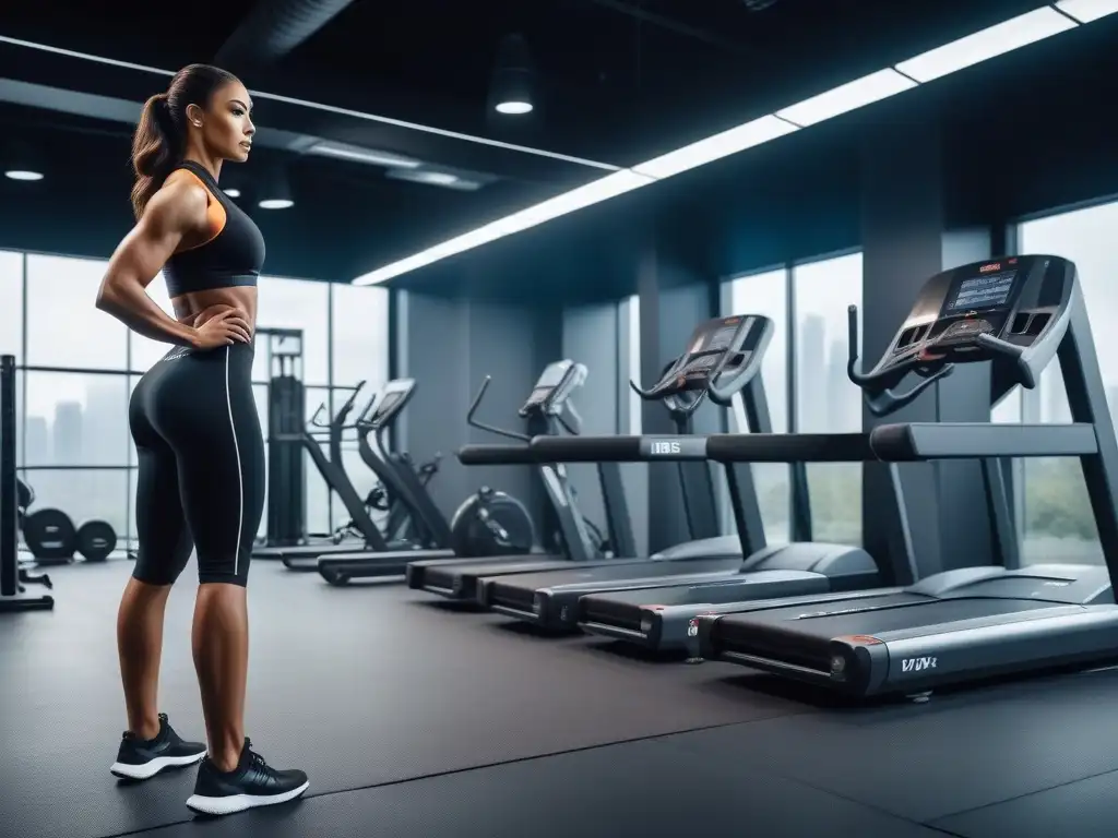 Gimnasio moderno: inclusivo, empoderador y futurista Un gimnasio moderno con equipos de alta tecnología y personas altas de diversos cuerpos realizando entrenamiento personalizado