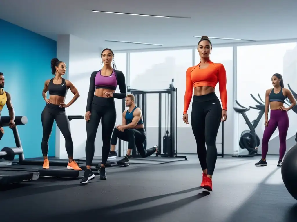 Diversidad activa: unión y empoderamiento en el gym moderno Un gimnasio moderno lleno de diversidad y unidad, con activewear inclusivo para todos los cuerpos, motivación en las paredes