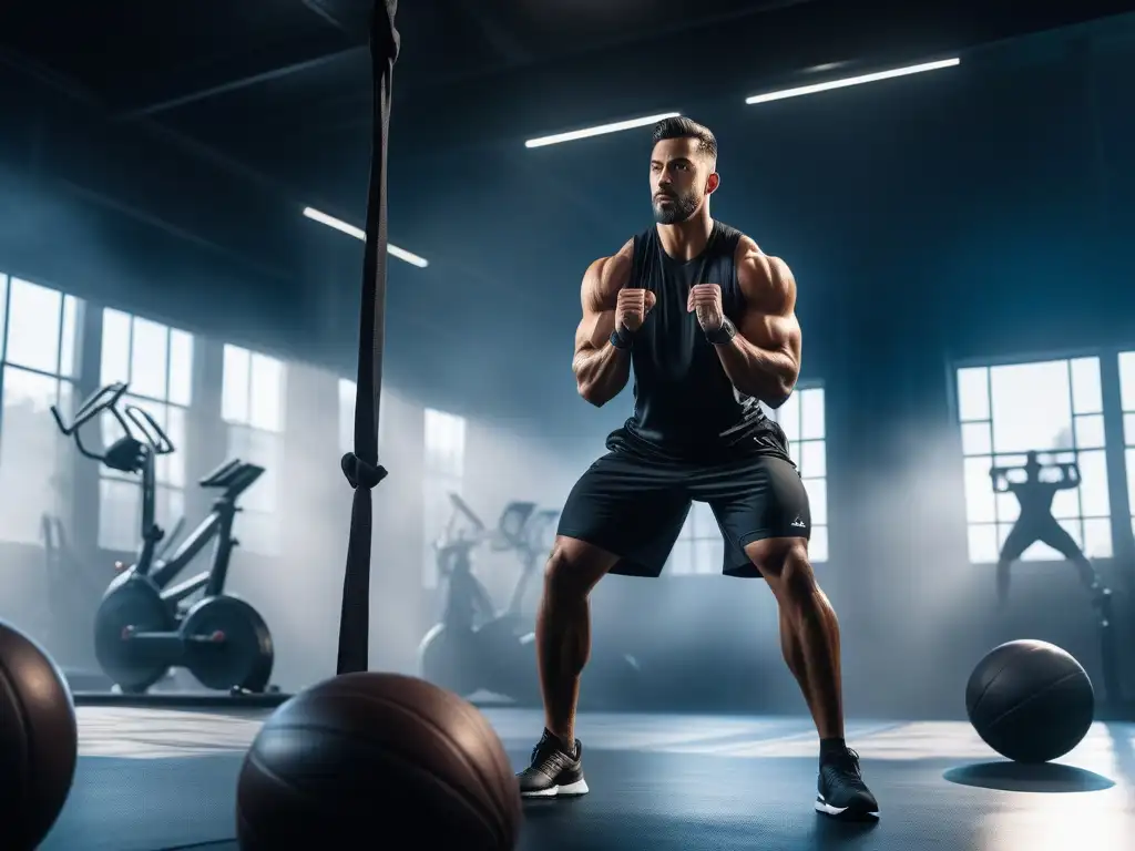 Atletas de élite en gimnasio futurista: baloncesto, yoga y pesas Un gimnasio moderno lleno de personas altas practicando diversas actividades fitness, destacando fuerza y determinación