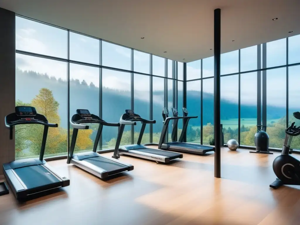 Gimnasio de lujo con vista panorámica y equipamiento de última generación Un gimnasio moderno de lujo con equipamiento fitness, rodeado de naturaleza serena