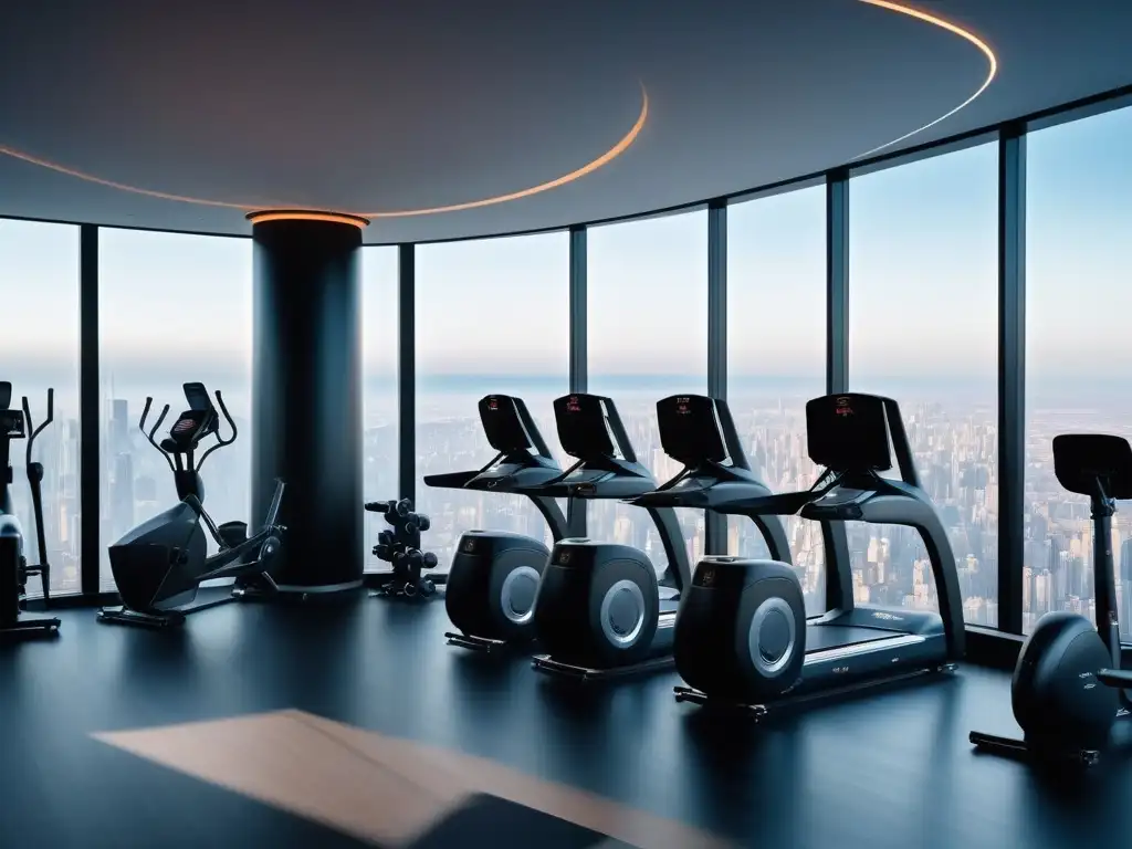 Gimnasio de lujo con equipamiento de última generación y vistas panorámicas Un gimnasio moderno de lujo con innovaciones en equipamiento fitness lujo, iluminación ambiental y vista panorámica urbana