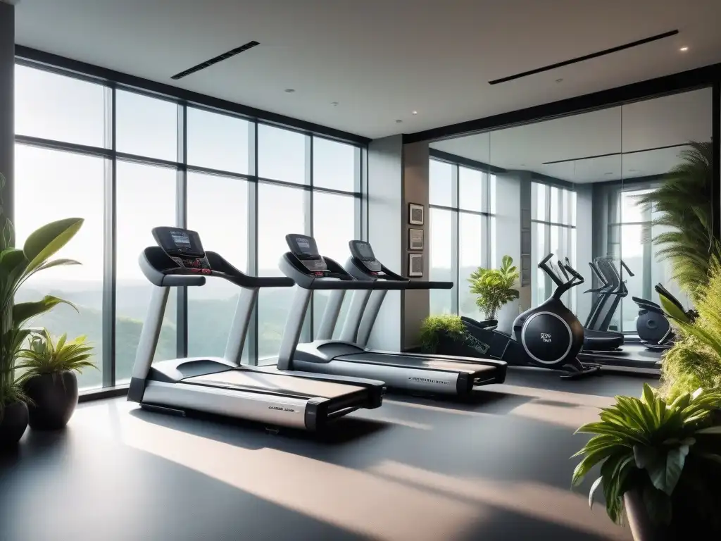 Gimnasio de lujo con equipamiento moderno y motivación Un gimnasio moderno y lujoso con equipos de alta tecnología en un ambiente espacioso y bien iluminado