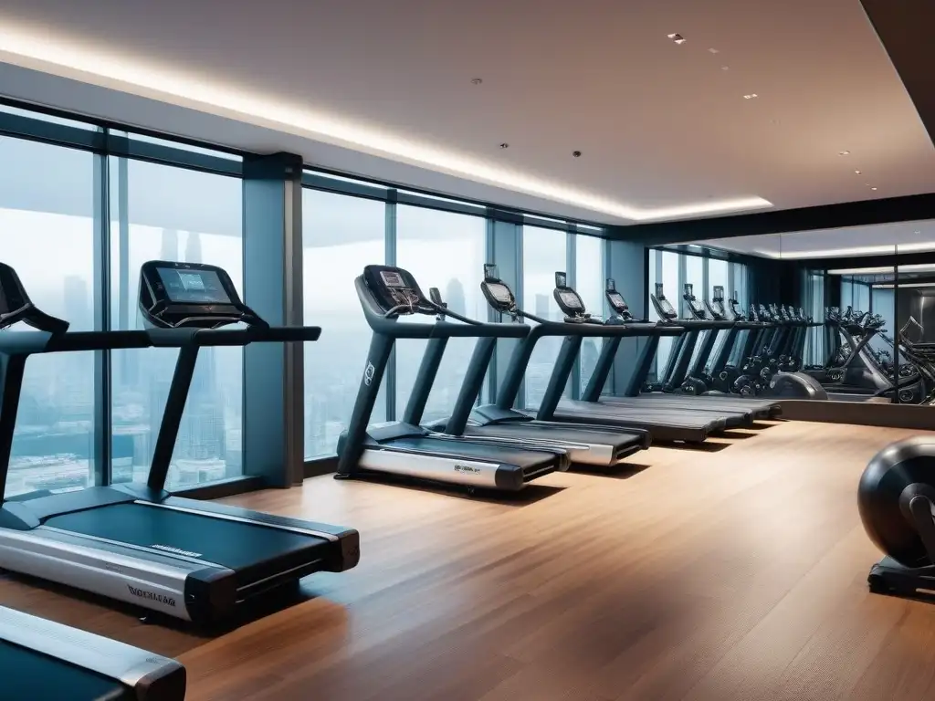 Moderno gimnasio de alta tecnología en ambiente sereno Un gimnasio moderno con los mejores equipos fitness cardio 2023, iluminación motivadora y ambiente sereno y lujoso