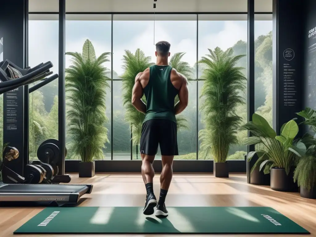 Escenario de gimnasio moderno con atleta profesional en acción Un gimnasio moderno y motivador con equipo de última generación, plantas verdes y luz natural