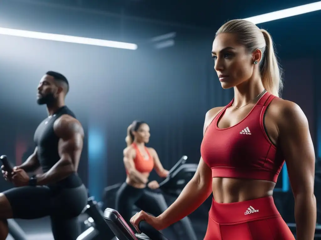 Fitness inclusivo: diversidad y estilo en un gimnasio moderno Un gimnasio moderno con personas de diferentes etnias y edades usando wearables fitness estilo moda inclusiva