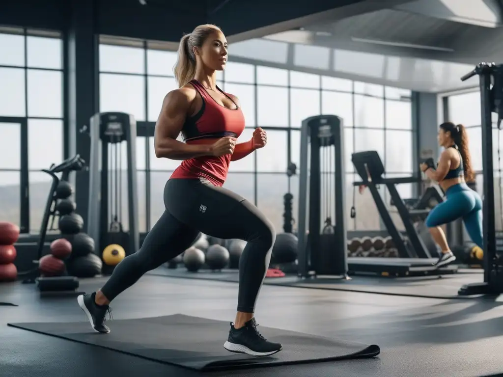 Escenas de diversidad y determinación en un gimnasio moderno Un gimnasio moderno con personas de diferentes tallas practicando fitness personalizado para todas tallas