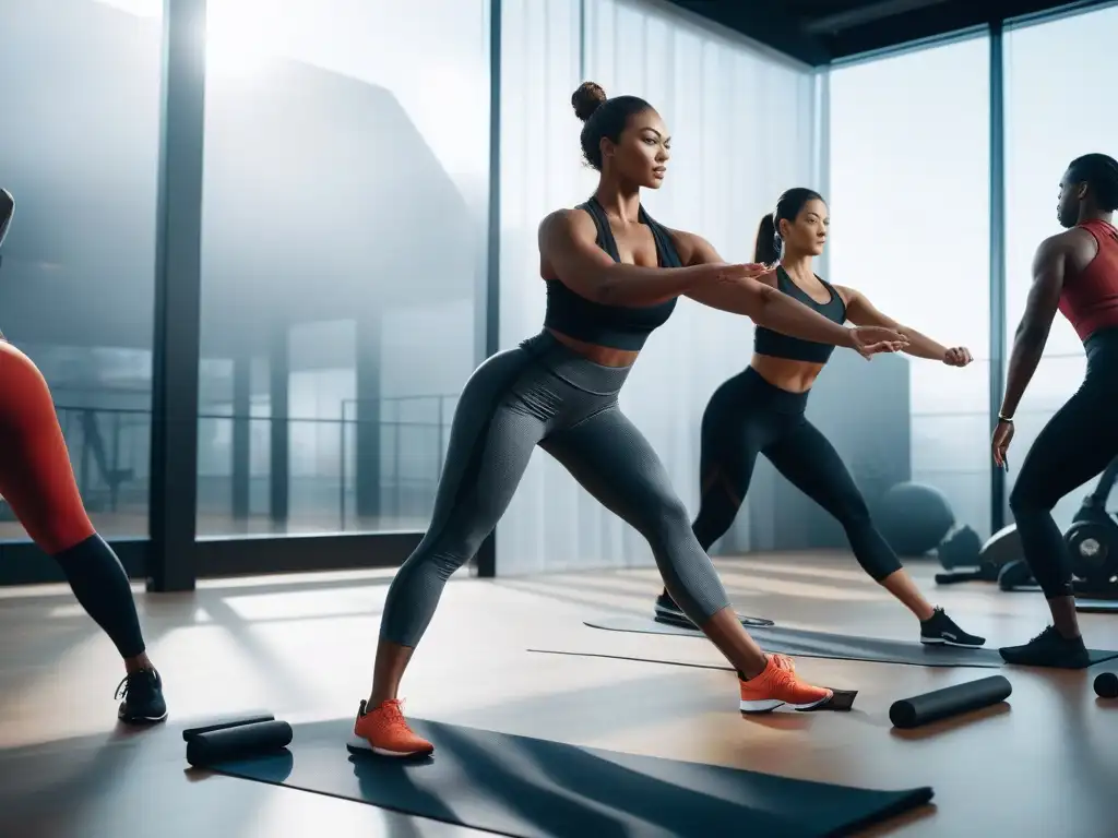 Fitness inclusivo: diversidad y empoderamiento en gimnasio moderno Un gimnasio moderno con personas de diferentes tallas y etnias practicando yoga, pesas, corriendo y ciclismo juntos