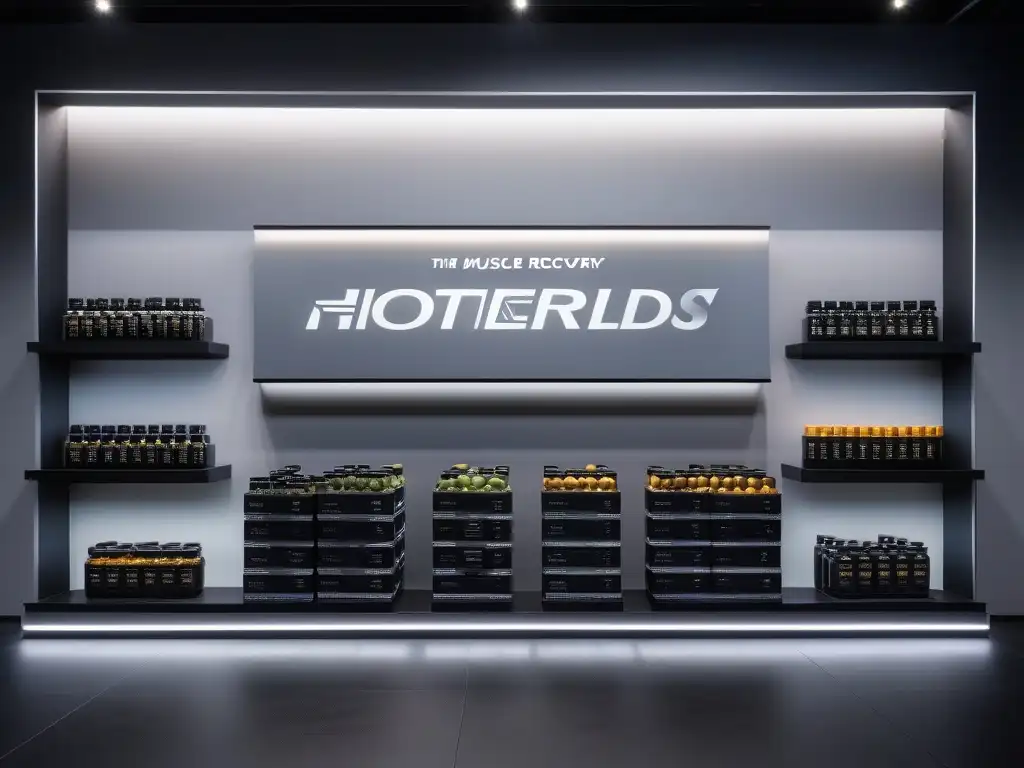 Suplementos de Alto Rendimiento en Gimnasio Moderno Un gimnasio moderno con suplementos para recuperación muscular en estantes iluminados y elegantes, transmitiendo sofisticación y rendimiento