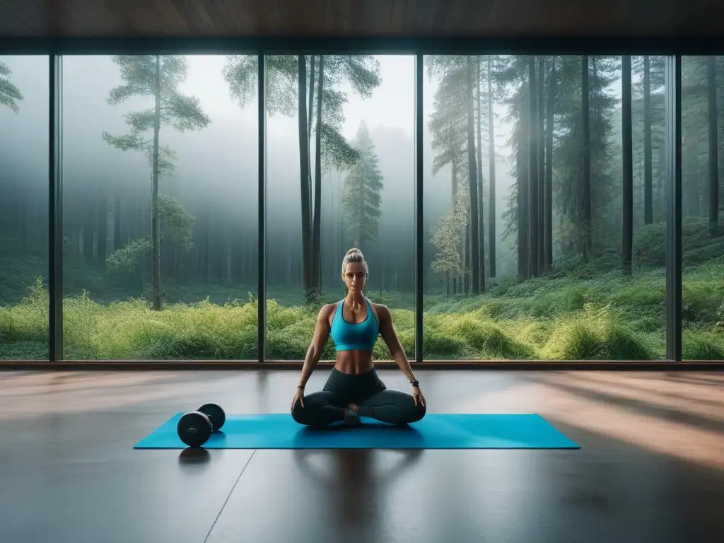 Escena inspiradora de un gimnasio moderno en armonía con la naturaleza Un gimnasio moderno con ventanales y vista a un bosque, gente diversa enfocada en entrenamiento premium beneficios salud mental