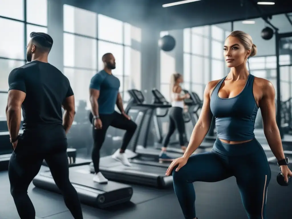Gimnasio moderno con diversidad de personas y entrenamientos premium Un gimnasio vibrante y moderno con luz natural, gente de todas las edades y fondos realizando entrenamiento premium