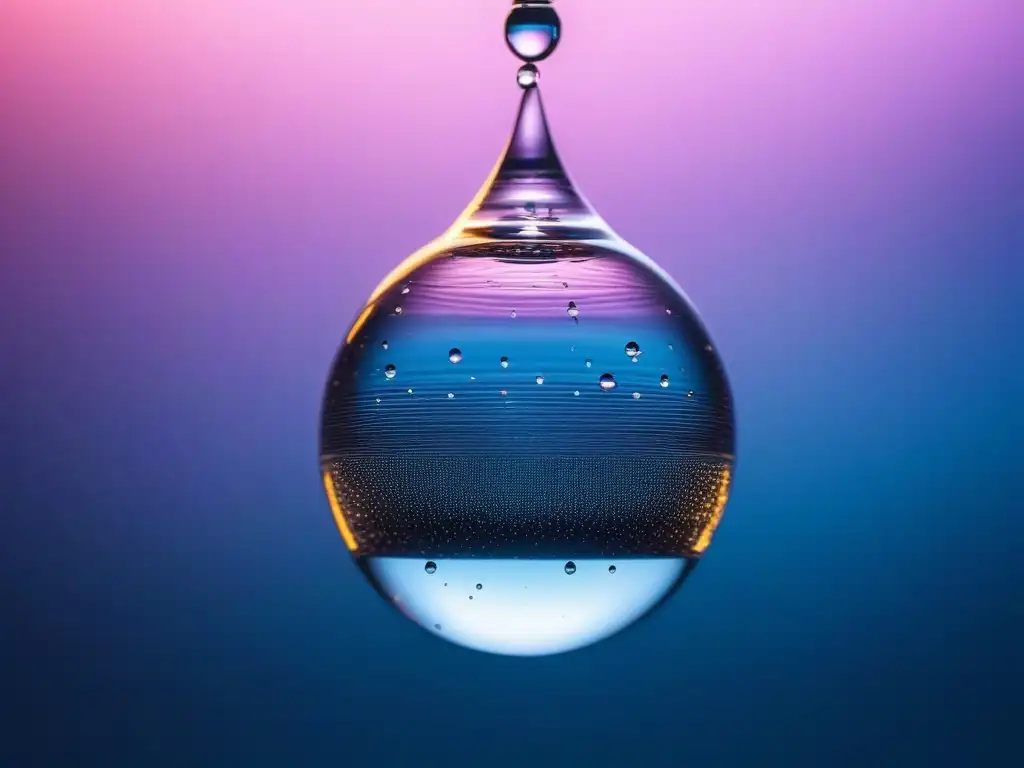 Regulaciones del agua en la industria textil Una gota de agua suspendida en el aire, reflejando colores vibrantes y patrones intricados, simbolizando las normativas de producción textil agua
