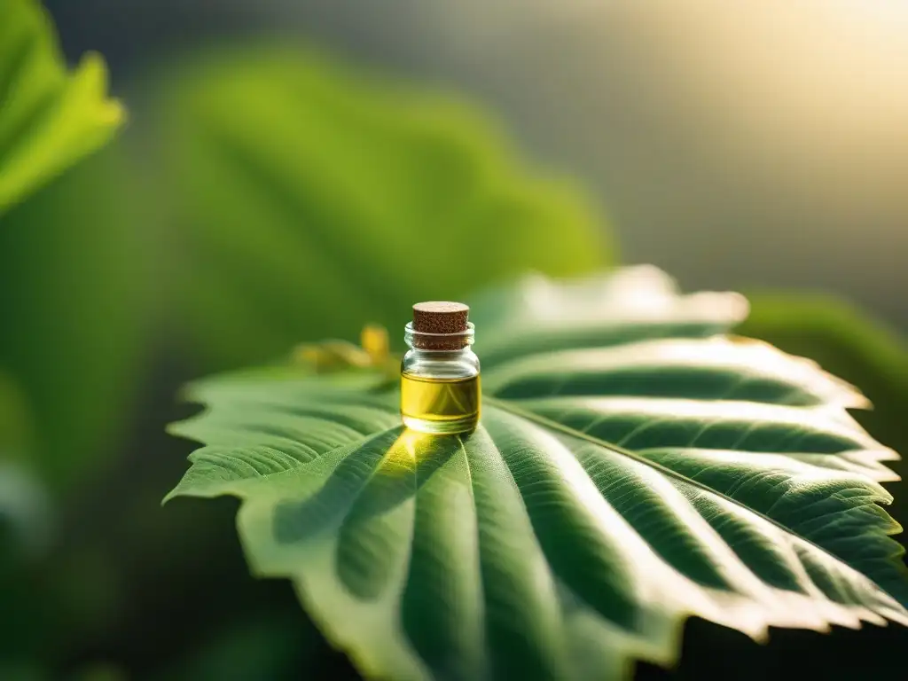 Gotas de aceite esencial dorado sobre hoja verde vibrante Gotas de oro sobre hoja verde, reflejando pureza y beneficios tratamientos aceites esenciales piel