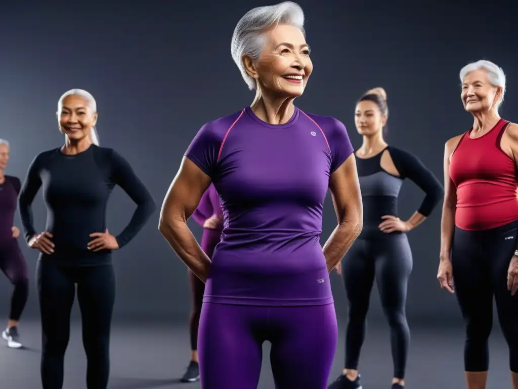 Moda y vitalidad: Seniors activos en compresión morada Un grupo de seniors activos, vestidos con prendas de compresión en tono morado, irradiando vitalidad y empoderamiento