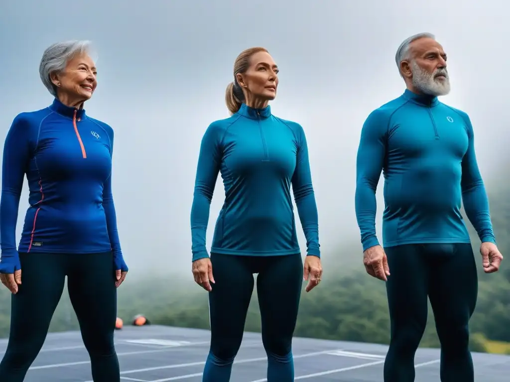 Seniors activos con ropa de compresión: ejercicio vibrante en 8k Un grupo de seniors activos practican yoga, estiramientos y trote, luciendo prendas de compresión para seniors
