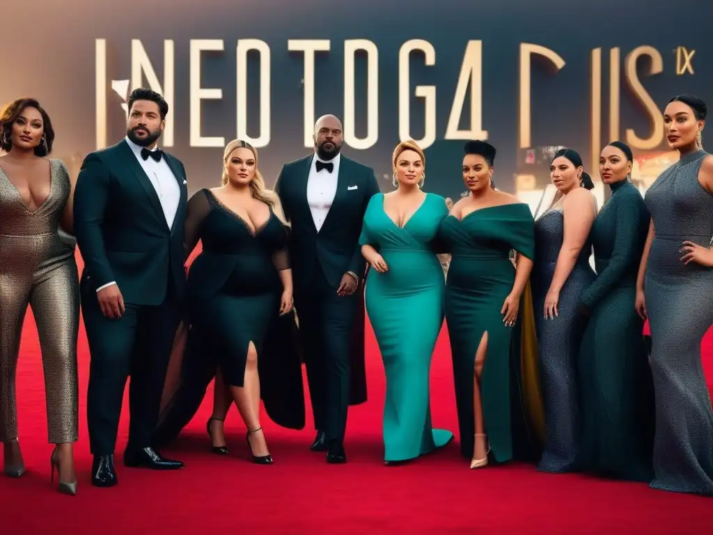 Desfile de moda inclusivo en alfombra roja: actores plus size deslumbran en Hollywood Un grupo de actores de tallas plus size desfilando con confianza en la alfombra roja de un estreno de cine, desafiando estándares de belleza