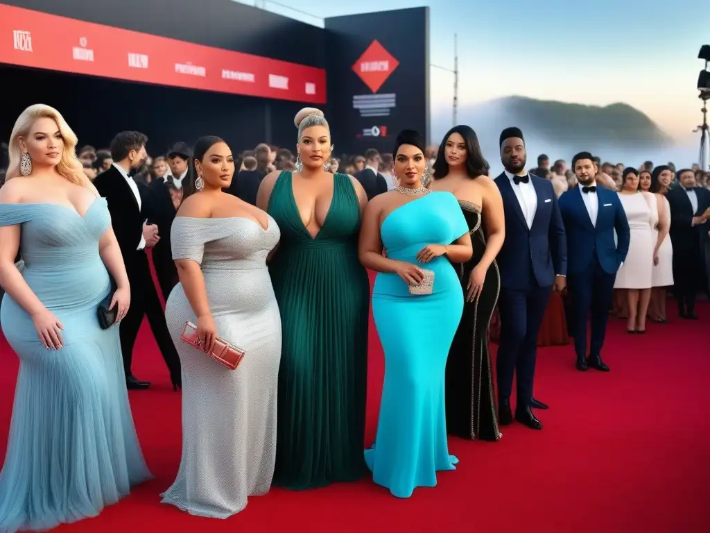 Actrices plussize deslumbran en alfombra roja Un grupo de actrices de tallas plus size desfilando con confianza en una premiere cinematográfica, redefiniendo estándares de belleza en el cine